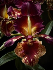 An AI illustration of a purple orchid with some yellow spots is pictured in the dark