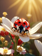 Fototapeta premium An AI illustration of a red ladybug sitting on top of white flowers
