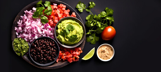 Burrito ingredients. Black beans, tomato, guacamole, pickled red onions and jalapenos on dark background. Banner.