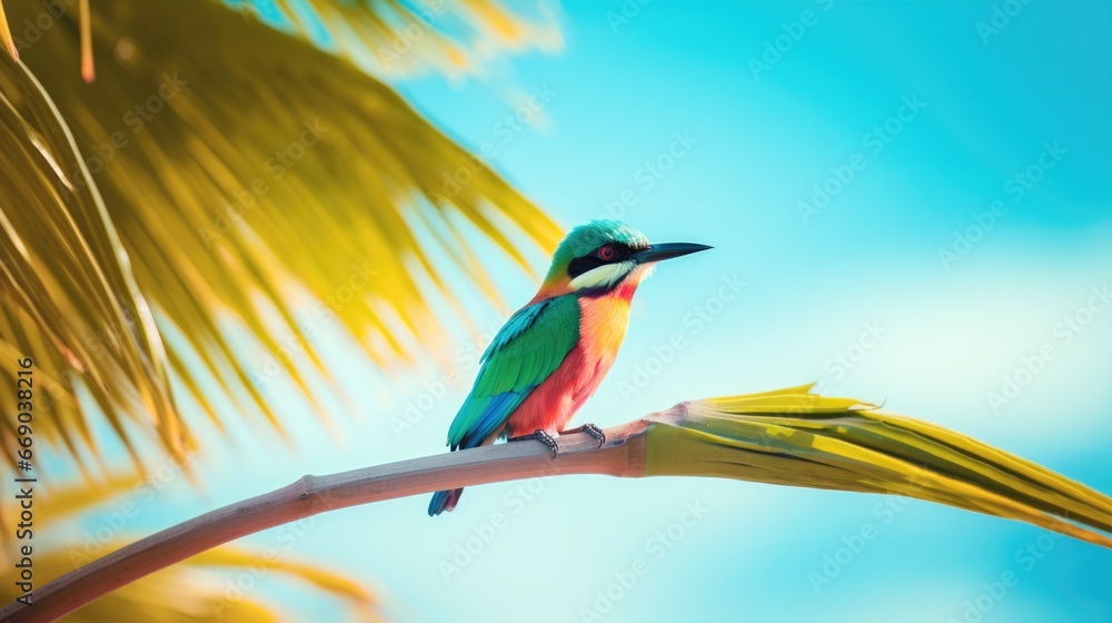 Poster a colorful bird sits on a palm tree branch, ai