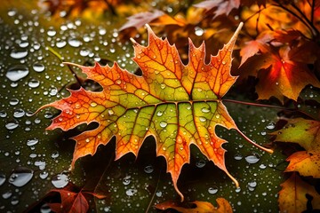 autumn leaves with water drops
