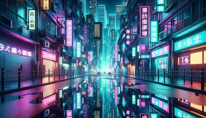 Neon-lit Cyberpunk Cityscape: Futuristic Japanese Metropolis in the Rain. - obrazy, fototapety, plakaty