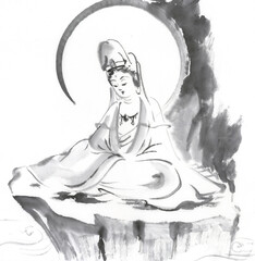 座している白衣観音　水墨画