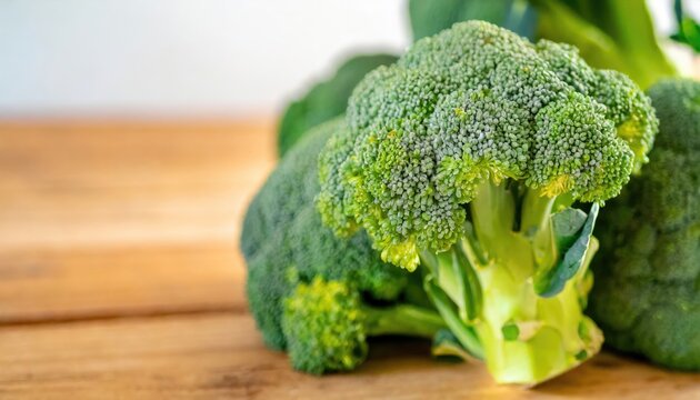 Fresh Broccoli Florets on Wooden Counter with Copyspace