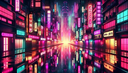 Neon-lit Cyberpunk Cityscape: Futuristic Japanese Metropolis in the Rain. - obrazy, fototapety, plakaty