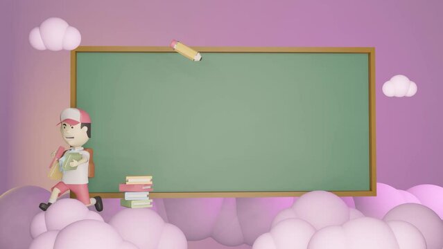 Back to school with illustration of child holding book against purple background and green board 3D rendering, 3D Illustration animation loop.