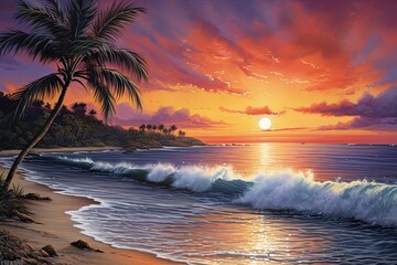 Sunset Beach Drawing: Palm Tree Beach Artwork - Captivating Tropical Scene