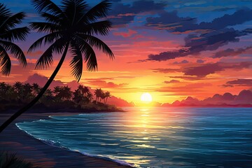 Fototapeta na wymiar Palm Tree Beach Sunset: Tranquil and Soothing Nature Image