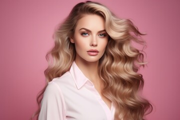 Fototapeta premium a close-up studio fashion portrait of a young woman with perfect skin, long wavy golden blond hair and immaculate make-up. Pink background. Skin beauty and hormonal female health concept