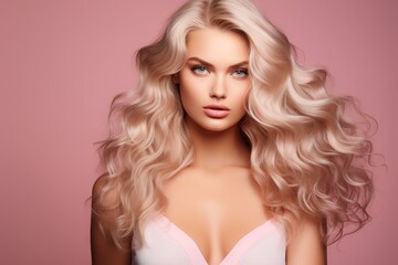 a close-up studio fashion portrait of a young woman with perfect skin, long wavy golden blond hair and immaculate make-up. Pink background. Skin beauty and hormonal female health concept