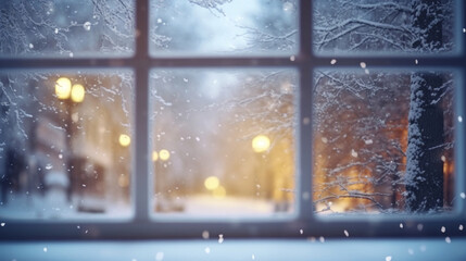 Window from inside with falling snowflakes and a blur Christmas bokeh background