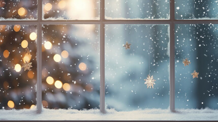 Window from inside with falling snowflakes and a blur Christmas bokeh background