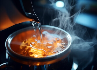 The spout of a kettle pours boiling water into a cup of tea, top view. Close up