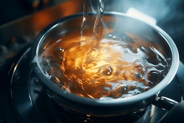 The spout of a kettle pours boiling water into a cup of tea, top view. Close up - obrazy, fototapety, plakaty