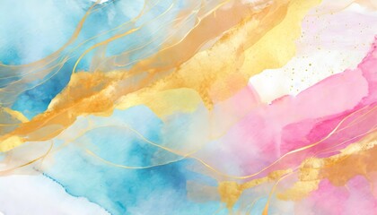 Abstract watercolor paint background by teal color blue and pink with golden liquid fluid texture for background, banner - obrazy, fototapety, plakaty