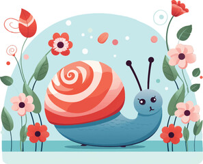 cute snail with flowers and leaves.