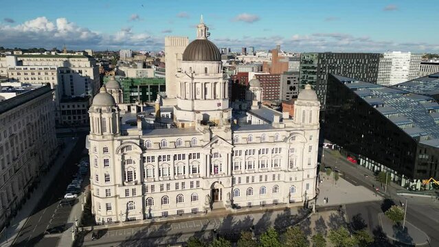Aerial view of Port of Liverpool Building in Liverpool city, England, UK