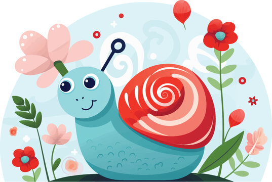 cute snail with flowers and leaves.