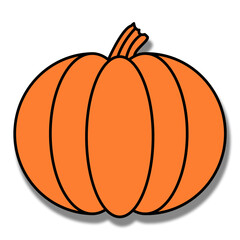 Orange halloween pumpkin illustration drawn as a clipart cartoon shape with its shadow. Transparent background.