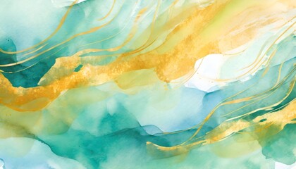 Fototapeta na wymiar Abstract watercolor paint background by teal color blue golden and green with liquid fluid texture for background, banner 