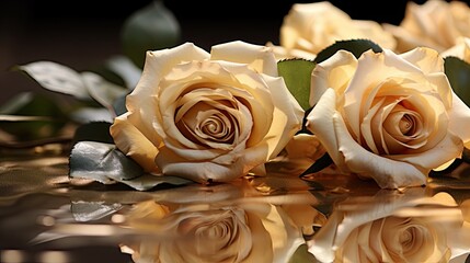Photograph of elegant wedding flowers lying next to reflective golden surfaces. Glamour card with unique wedding design, background for gem, jewel, christmas, gift voucher, wallpaper.  - Powered by Adobe