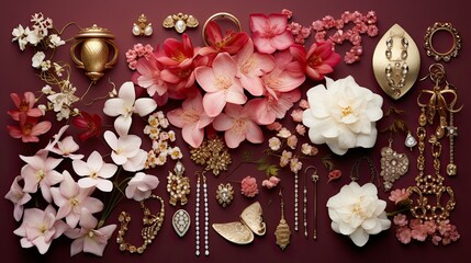 Obraz na płótnie Canvas Photograph of a luxurious spread of flowers and elegant golden accessories from a top-down perspective, laid out on a rich, velvet surface. 