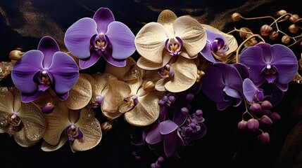 Orchid opulence. Gorgeous photograph of orchid arrangement for wedding, celebrations, gem, jewel, decoration, wallpaper, invitation, birthday card, fashion event. Unique background with copy space.  - Powered by Adobe