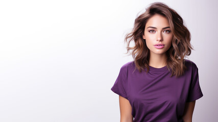 Fototapeta premium Brunette woman wearing purple t-shirt isolated on gray background