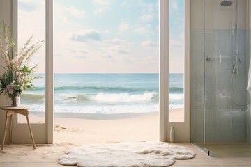 Tranquil Beach Scene with Shower in the Distance: Serene Coastal Landscape