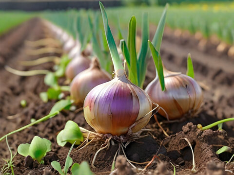 Onion plants on field close up