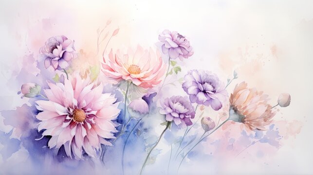 An artistic scene of watercolor pastel floral painting with pale color palette and negative space for text. Enchanting floral design. 