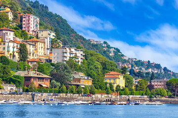 View of the beautiful architecture and Lake Como in Italy - obrazy, fototapety, plakaty