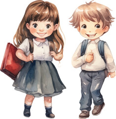 cute  school children illustrations drawn in watercolor on white background.