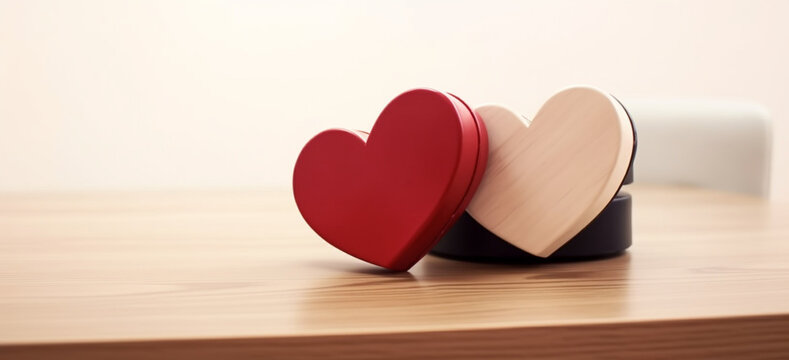 Two contrast colored heart shaped gift boxes for holiday on wooden surface