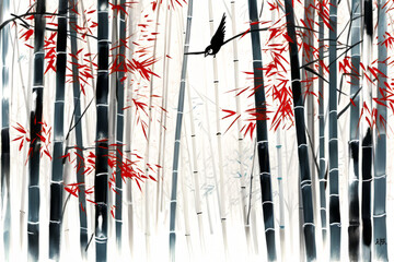 A Tranquil Japanese Bamboo Forest.  Generated Image.  A tranquil Japanese bamboo forest illustration with an occasional bird. 