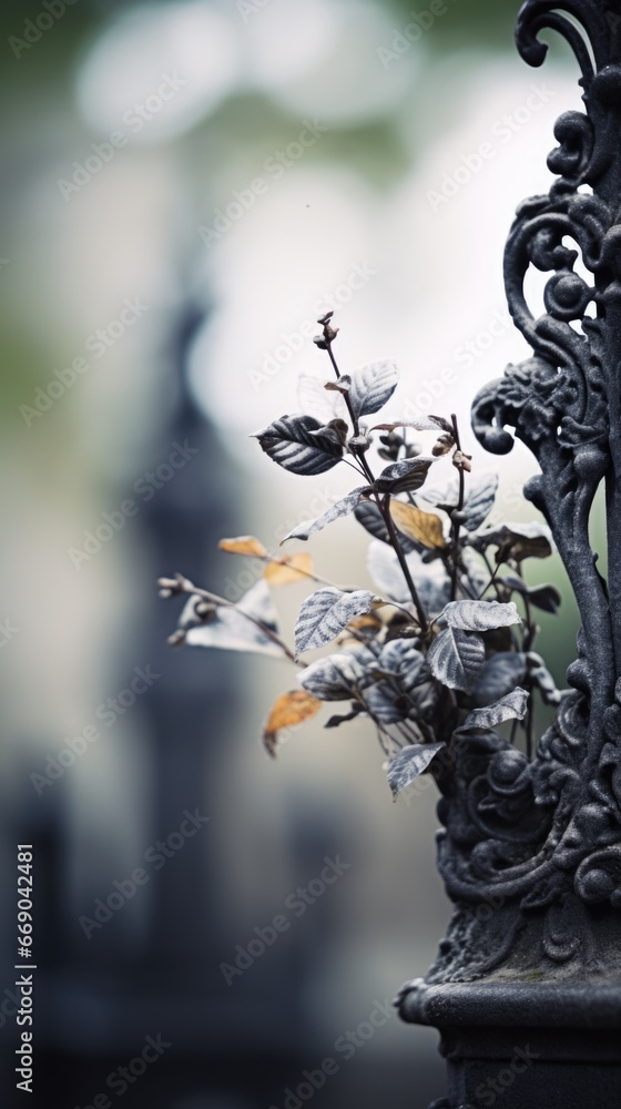 Poster A close up of a metal fence with leaves, AI