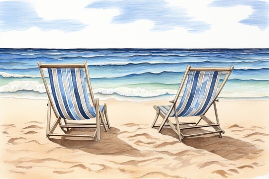 Beach Chairs Drawing: Wave of the Sea on the Sand Beach Image