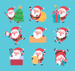 Santa Claus. Fat man with a white beard. Wear a red costume in various poses. To give gifts on Christmas Day