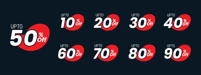 10%, 20%, 30%, 40%, 50%, 60%, 70%, 80%, 90% Discount. Sale tags set vector badges template. Special offer discount label with different sale percentage. offer shape. Sale offer price sign 