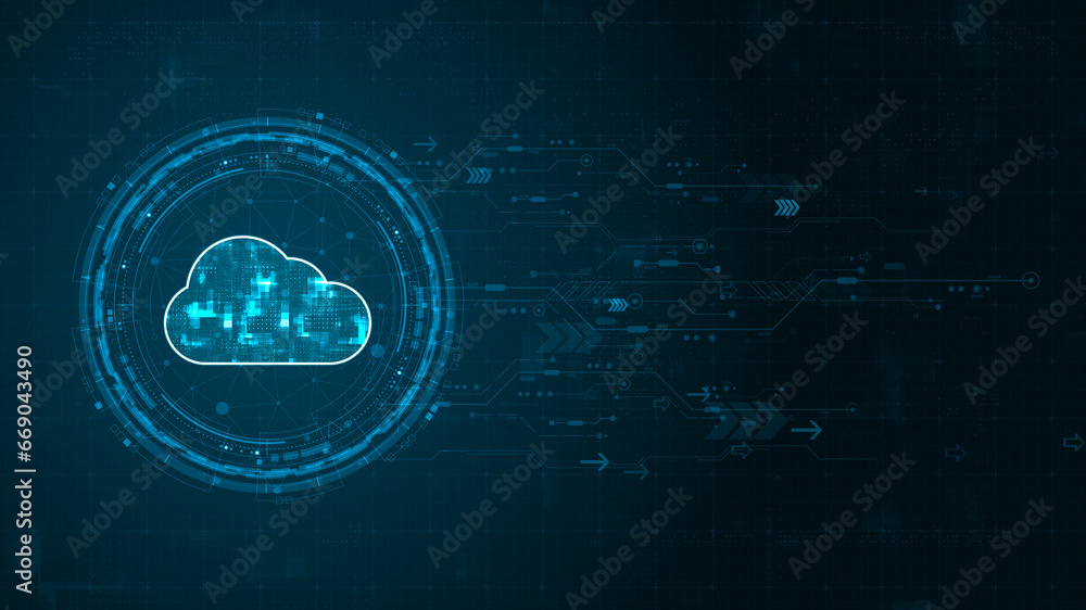 Poster blue digital cloud computing logo and circle futuristic hud elements with flowing arrows storage big