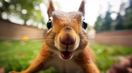 A close up of a squirrel with its mouth open, AI - obrazy, fototapety, plakaty