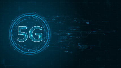 Blue digital 5G letter and circle futuristic HUD elements with flowing arrows with generation of connection technology concepts on abstract background