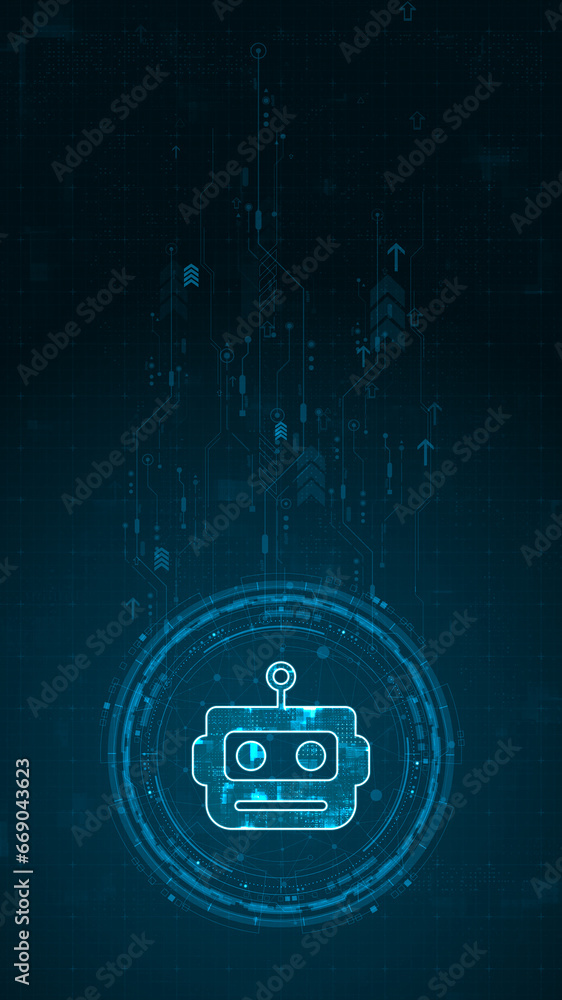 Poster blue digital robot head logo and circle futuristic hud elements with flowing arrows with machine lea