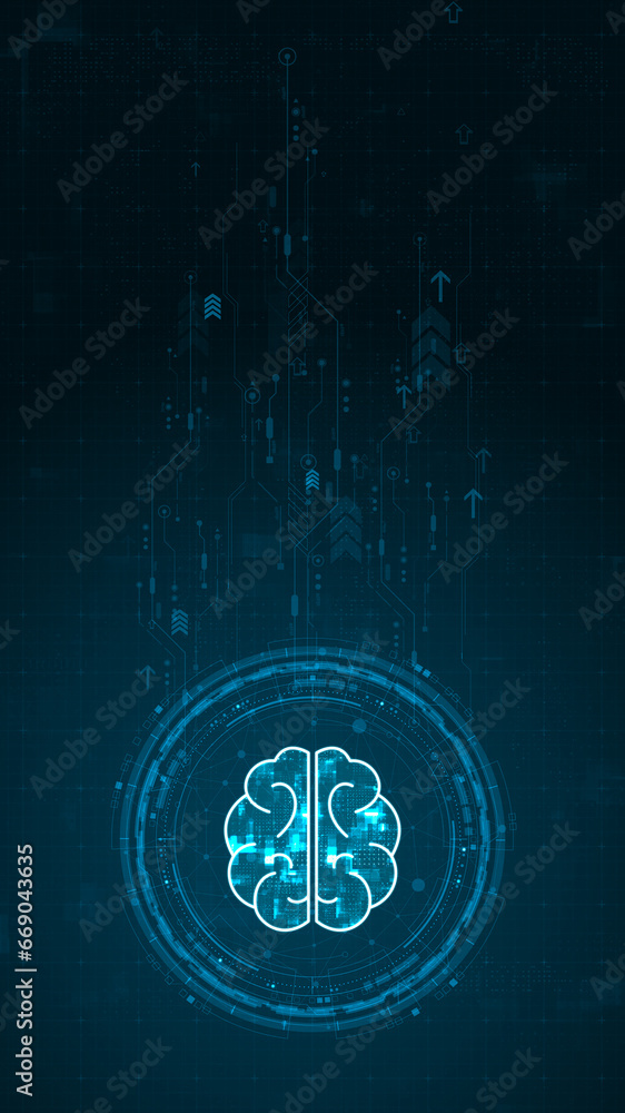 Poster blue digital robot brain logo and circle futuristic hud elements with flowing arrows with machine le