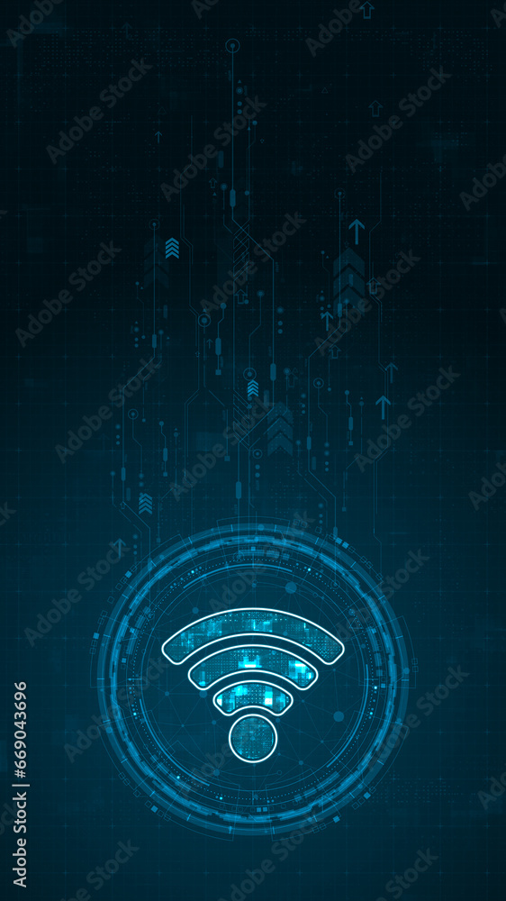 Poster blue digital wifi logo and circle futuristic hud elements with flowing arrows with data transfer and