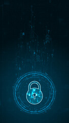 Blue digital security key logo and circle futuristic HUD elements with flowing arrows with network firewall technology and data secure concepts on abstract background vertical