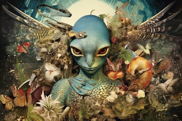 Magic art collage with elements of fantastic creatures  - obrazy, fototapety, plakaty