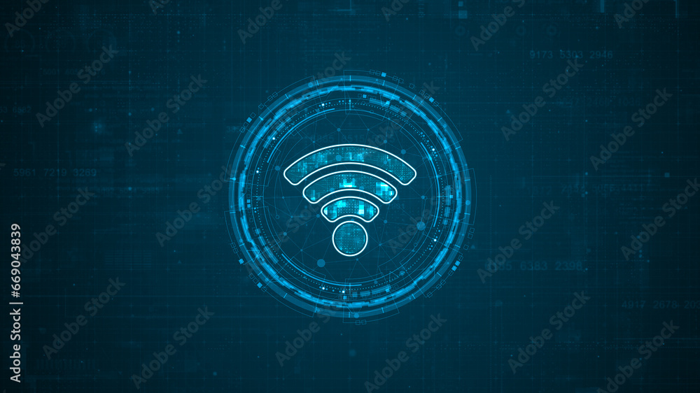 Poster Blue digital WIFI logo and circle futuristic HUD elements with flowing arrows with data transfer and Wireless Fidelity connection concepts on abstract background