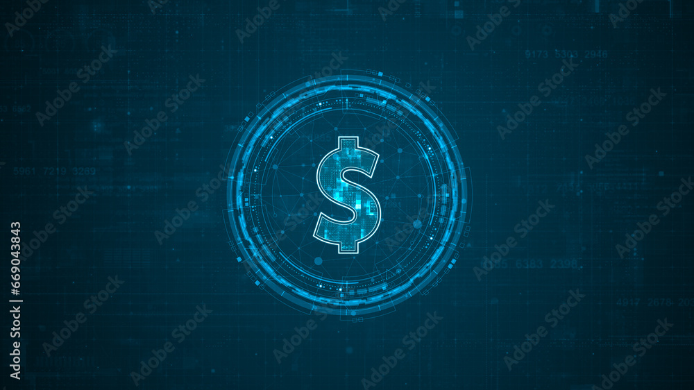 Poster blue digital money logo with rotation hud ui circle technology interface and futuristic elements abs