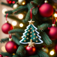 Obraz na płótnie Canvas Textile handmade toy Christmas tree close-up. 